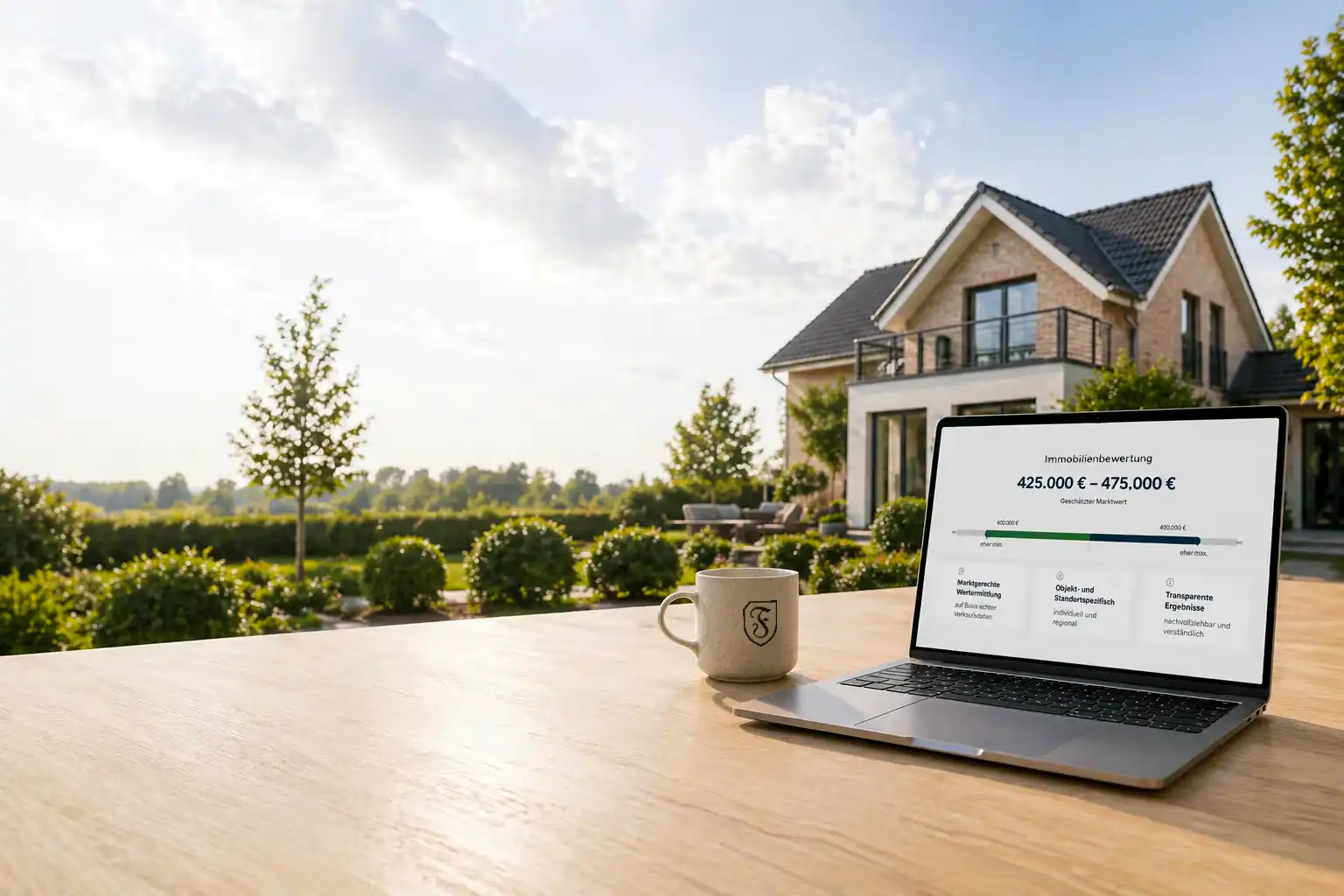 Laptop mit Immobilienbewertung auf Terrasse vor einem Wohnhaus