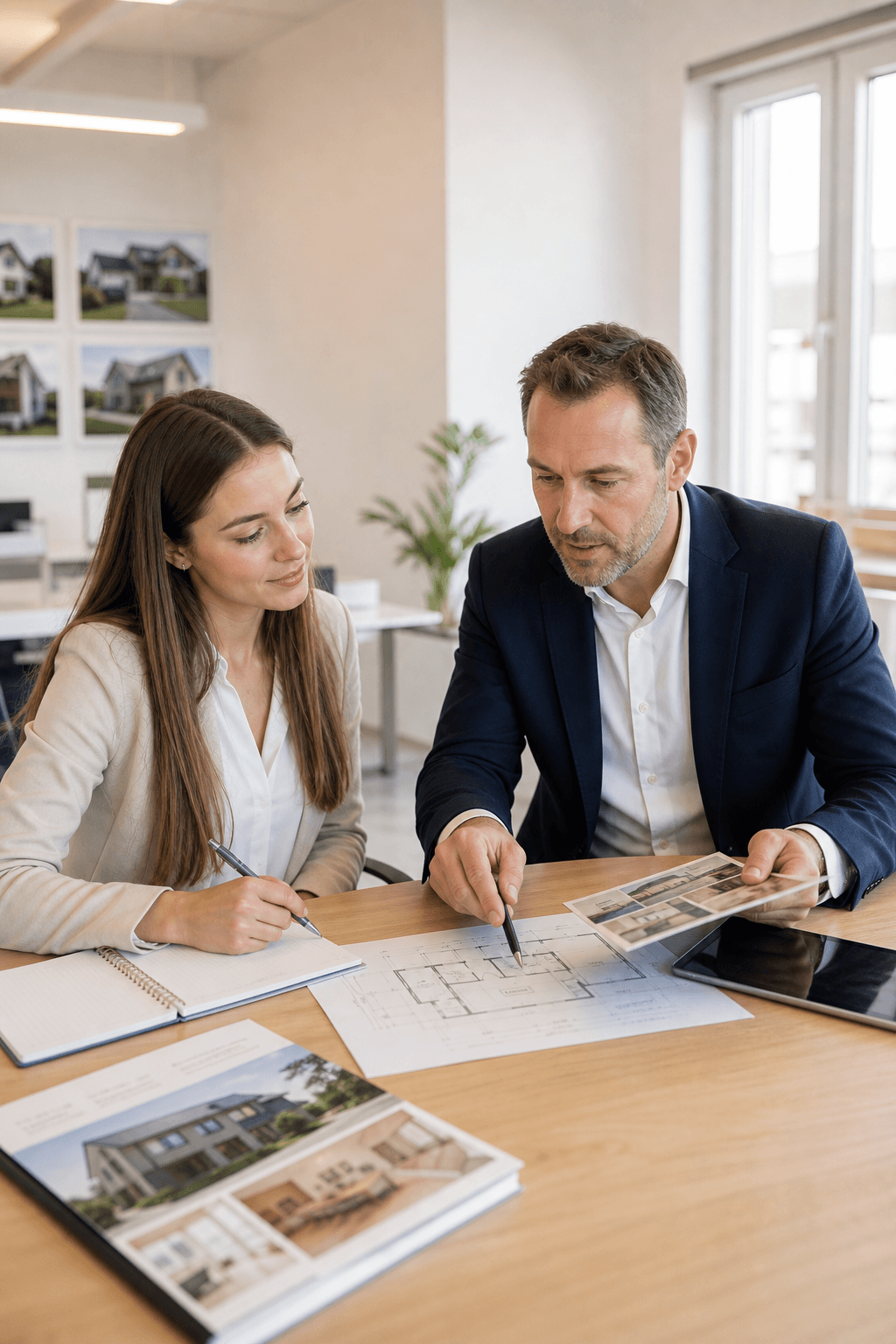 Auszubildende lernt mit Begleitung anhand von Immobilienunterlagen