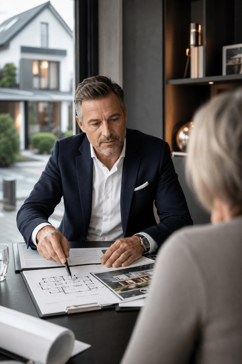 Erfahrener Immobilienmakler berät mit Exposé und Grundrissunterlagen