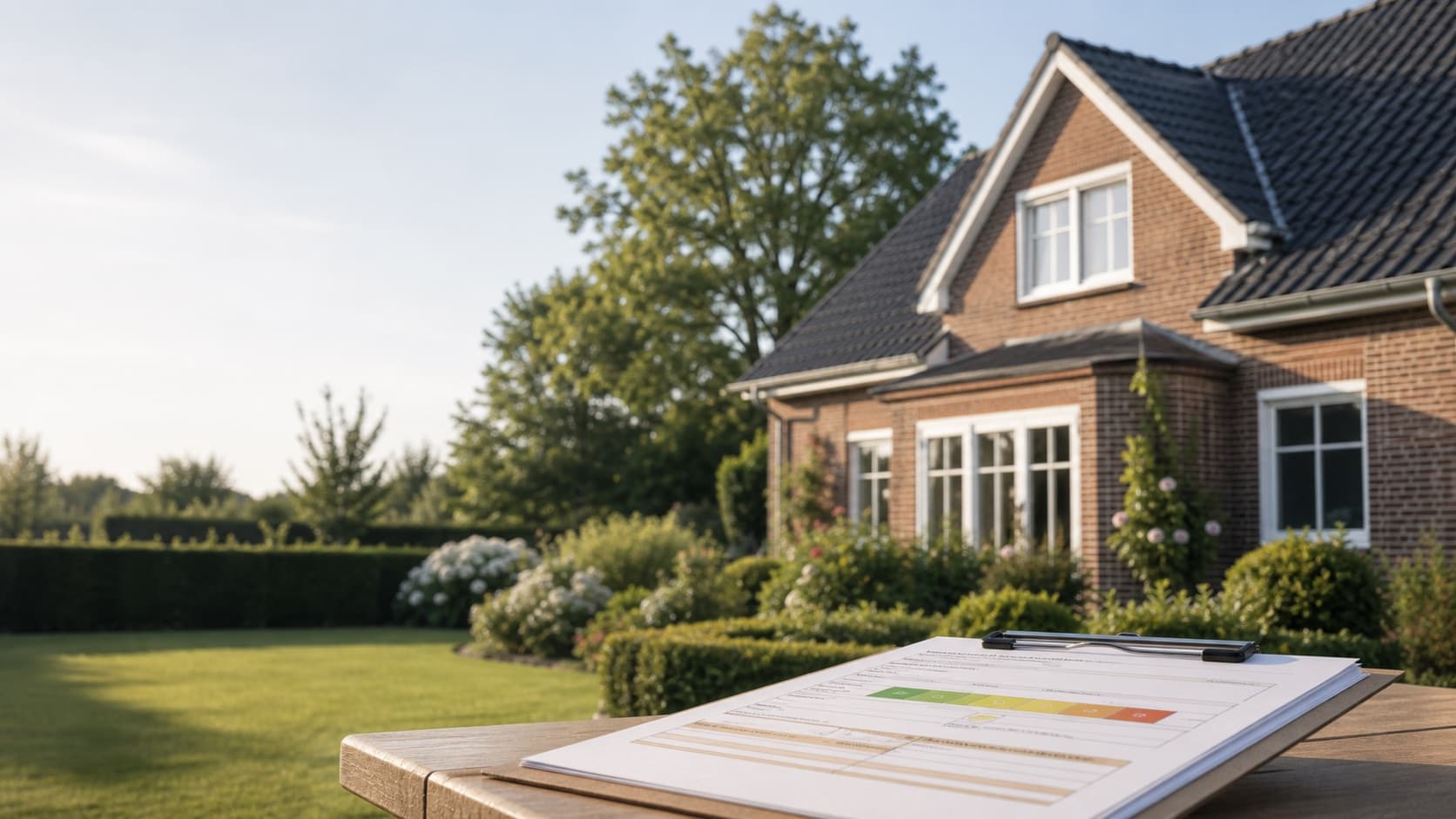Haus und Unterlagen als Motiv für Energieausweis beim Immobilienverkauf